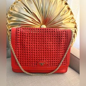 Tory Burch Red Woven Shoulder Bag with Gold Chain